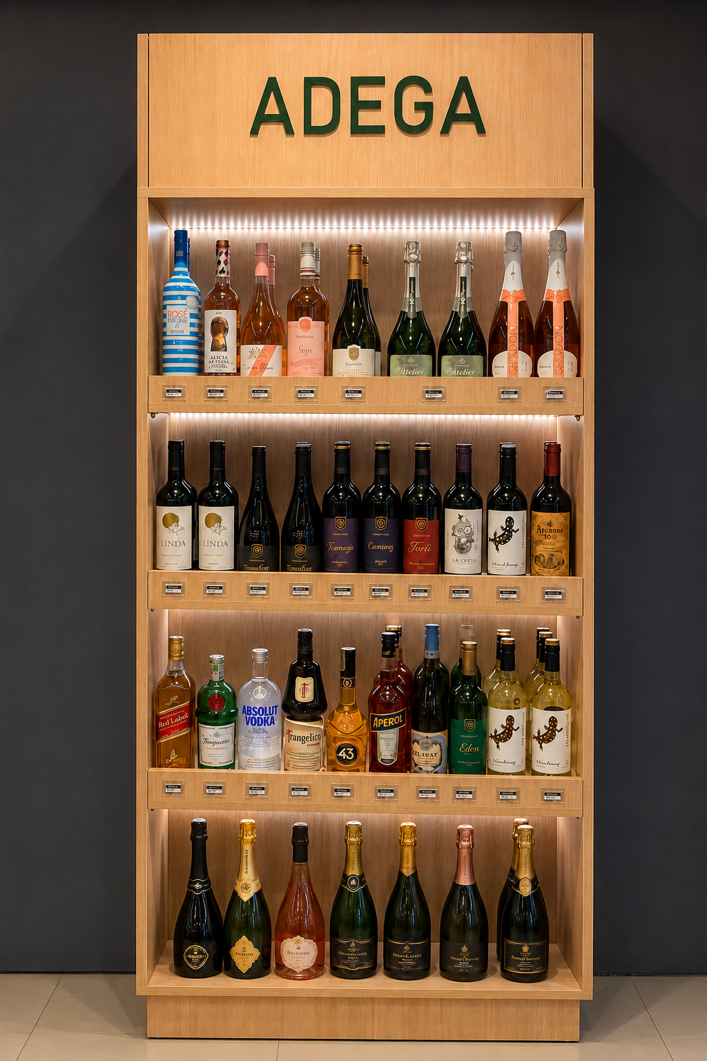 Adega com seleção de vinhos e espumantes